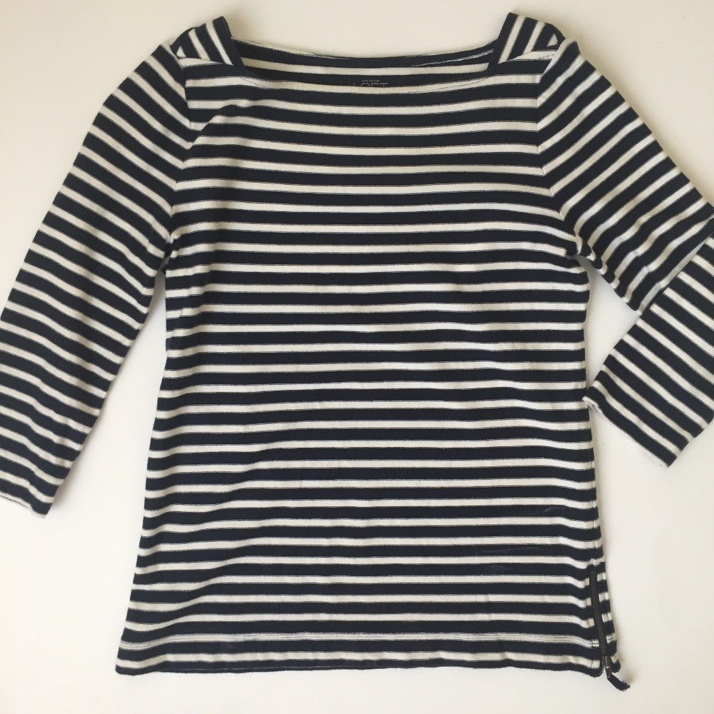 LOFT Navy and White Boatneck Striped 3/4 SleeveTop